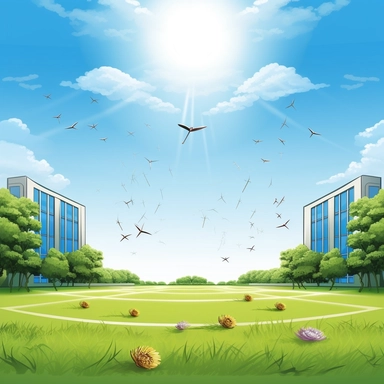 corporate clipart style empty badminton court blue sky green grass with rackets and shuttlecock on the ground