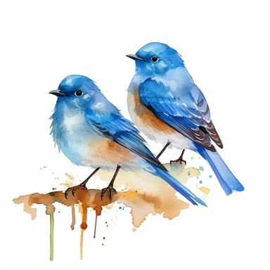 realistic pair of mountain bluebirds, watercolor style, clipart, plain isolated white background