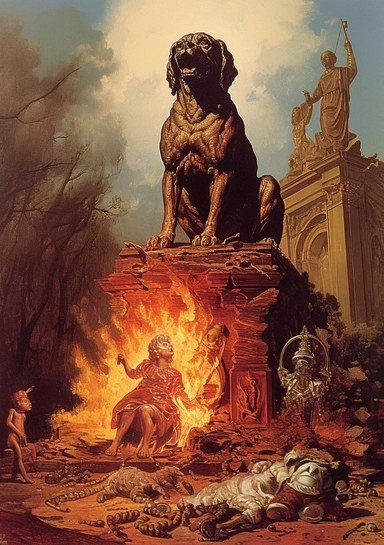 ancient myth the king of dogs by irving hicks ytst royal clip art by rick whitney, in the style of demonic photograph, 1860–1969, environmental activism, madonna and child, burned/charred, historical illustration, giant money sculptures