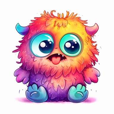 whimsical kawaii chibi fluffy colorful monster with big eyes, big teeth cartoon clipart on white background with margins, Psychedelic, watercolor, icon, sticker, vivid colors, full colors, and details, 32k, 3d