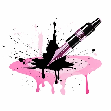 clipart vector art of a pink fountain pen creating a black inkblot on a piece of paper, digital drawing