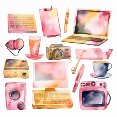 watercolors, computer clipart, laptop clipart, monitor clipart, T.V icons set, isolated white background, single design, sharp, bold , sweet pink, gold, hand-painted watercolor