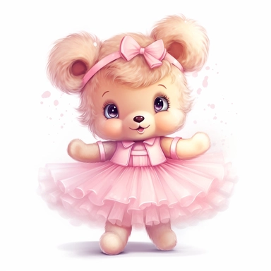 Adorable cute fantasy Teddy bear dressed like a Romantic ballerina, wearing pink tutu, nursery art, clipart image, lineart image, white background, very detailed, 8k