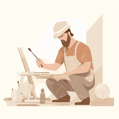vector design, builder works with tools, writes, flat modern illustration, clipart, very simple picture, white background, soft gradient transition, in the style of warm color palette, natural pastel colors, in pastel light green beige and brown, object portraiture specialist, uniformly staged images, animated illustrations