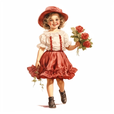 Happy beautiful little vintage royal girl with ruby red roses, full body, oil clipart style, accurate details, oil painting technique, super high quality, professional watercolor clipart, high resolution, 8k, isolated white background