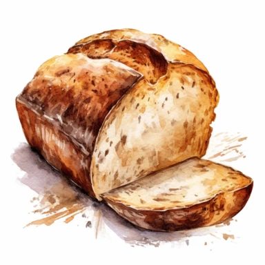 Clipart, watercolor, white background: Create a clipart of a freshly baked loaf of bread, crusty on the outside and soft on the inside.