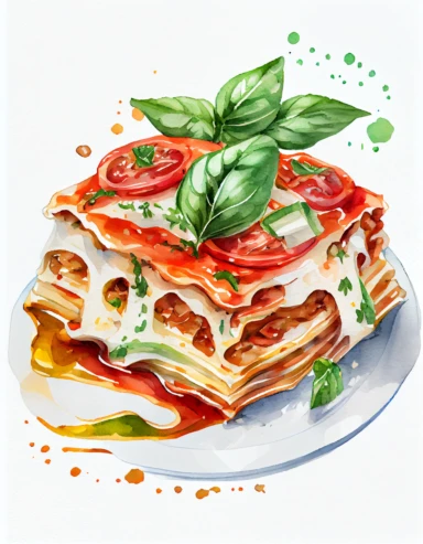 detailed watercolor lasagna on a plate, realistic, isolated on white background, clipart