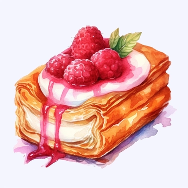 watercolor rasbberry danish pastry, rectangular shape, open face with raspberry filling as the top layer, clipart, hd