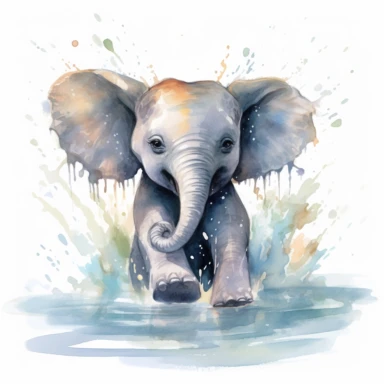 cute elephant calf, splashing joyfully in a river, bold watercolor, clipart, on a white background