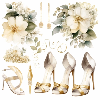 wedding watercolor clipart, wedding rings, white dress, clear background, bride shoes