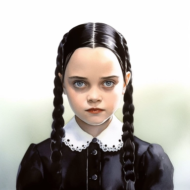 charming Wednesday Addams from the movie The Addams Family by Barry Sonnenfeld, watercolor by mary whyte, romantism, clear line, white solid background, clipart, gothic