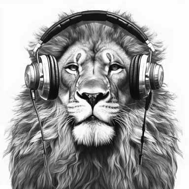 a lion wearing sunglasses and headphones, black and white,clipart, super detailed