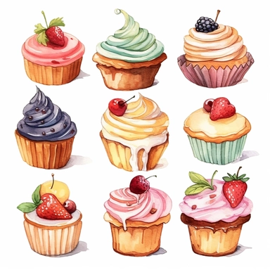 watercolor desserts clipart, flat style, no volume, few details, washed out, minimalistic style, very lose details, very light colors, transparent colors, light airy hues and pastel tones, spaced out, white background, washed out colors and paint, hand-painted watercolor, watercolor paper with visible rough paper texture, a variety of watercolor brushes, do not cross workspace borders, rough watercolor paper texture on top