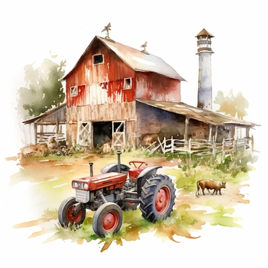 Make a clipart of a watercolor painting of a farm with barn animals and a tractor. no background