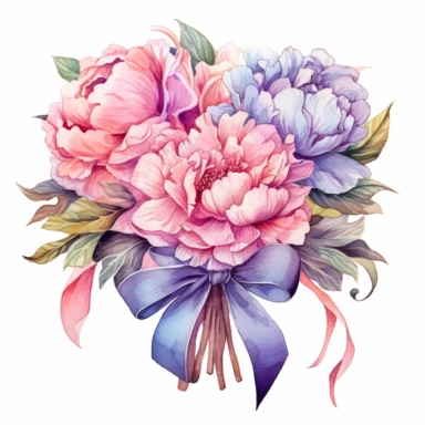 Clipart, romantic peony, bouquet, multi - colored, hand - tied with an elegant ribbon, watercolor illustrations, thick outlines, contour, isolated objects, white background, 26k