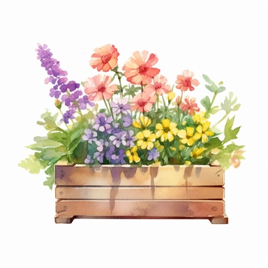 Clipart, a watercolor painting of a wooden flower box filled with beautiful flowers and plants, in the style of yanjun cheng, colorful animations, rough clusters, clean and simple designs, leica cl, warm color palettes, colorful washes, white background