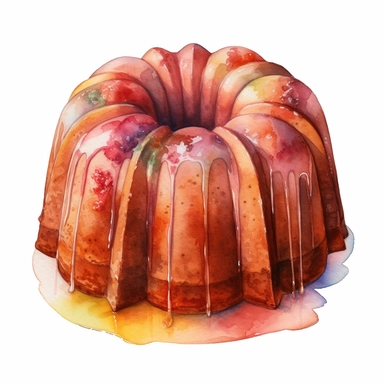 watercolour bundt cake, clipart on white background, no watermark, highly detailed, professional color gradation, clean sharpness