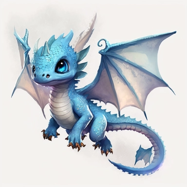 digital watercolour painting of a cute, light-blue baby ice dragon in flight, full body shot, clipart, white background, no background, super cute, long pointed snout, happy, world of warcraft, mcfarlane dragons, how to train your dragon