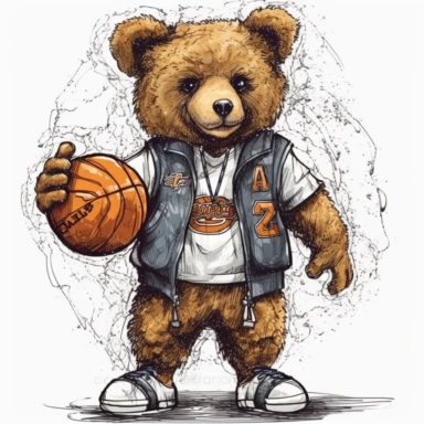 clipart, curly teddy bear dressed in a basketball uniform with a basketball in his hand, basketball, Beige, black-brown, tanned color, very detailed, white background, basketball style, van gogh style, maximalism, Painted By Akari Toriyama, luxury, lakers basketball team