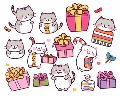 sticker sheet, Birthday cat, presents, single cat, cute, clipart, kawaii, kitten, Japanese, exited, white background