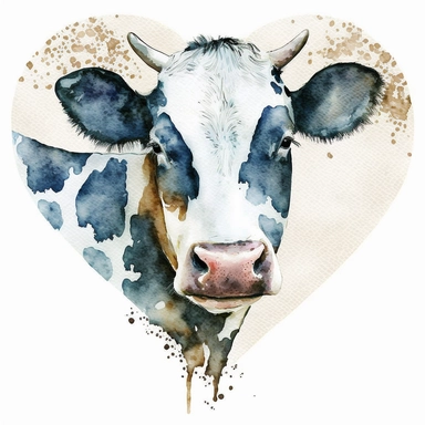 cow print heart, watercolor, folkart, clipart, white background