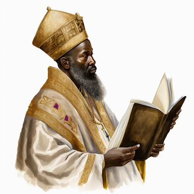 simple watercolor clipart on a white background, middle aged black man from Biblical times, large beard beard, wearing a tall cream and gold royal bishops hat and vestments, holding a book in his arm