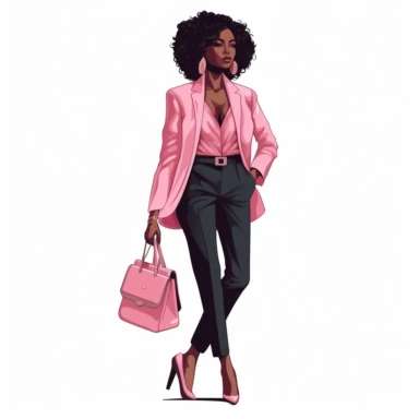 Professional black woman pink pants suit, facing camera, very fashionable, happy, confident, carrying small designer handbag, wearing high heels and bold jewelry. Illustration style, clip art