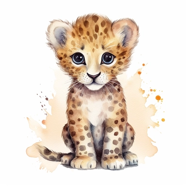 a graceful baby leopard with kind eyes clipart with watercolor illustration,full body shot,8k,etsy style, white background