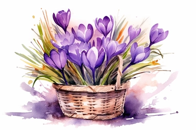 Watercolor , Crocus in a Palm leaf basket, clipart, hd, on a white background, spaced out