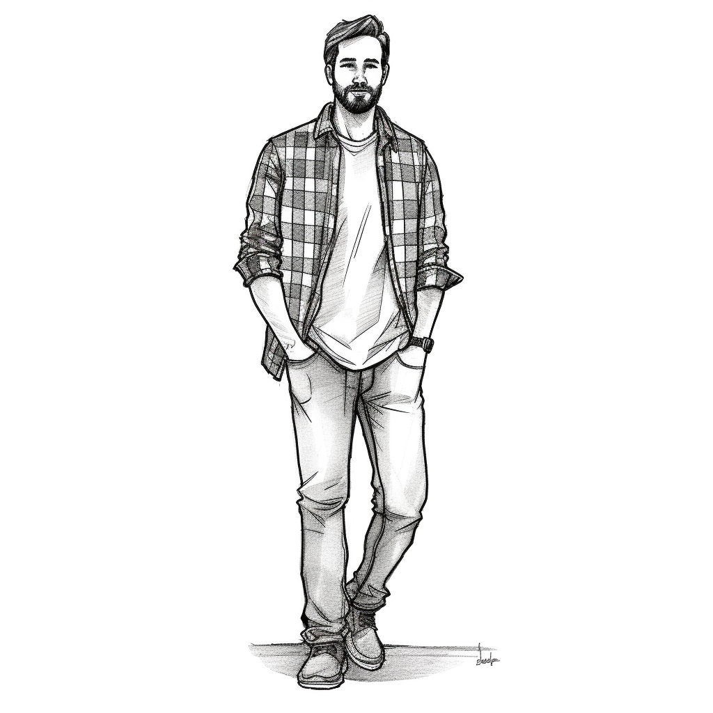 Man in flannel shirt and jeans, hands not in pocket, black line drawing ...