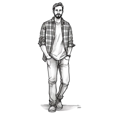 Man in flannel shirt and jeans, hands not in pocket, black line drawing, Clipart