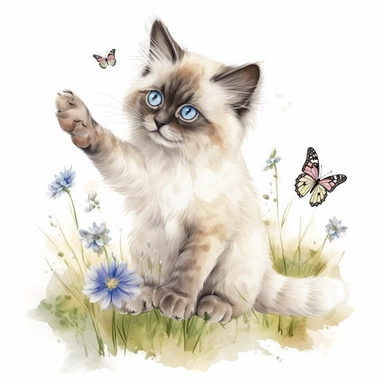 hand drawn ragdoll kitten, reaching for a butterfly, grass, flowers, very detailed and realistic, watercolor, clipart style