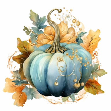 Watercolor pastel velvet boho pumpkin with gold ornate watercolor sitting on pumpkin leaves white background. clipart