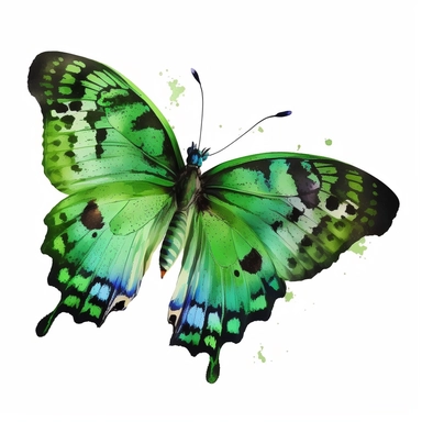 watercolor butterfly clipart, exotic flying butterfly, full green, bright color, no outlines, white background, no text