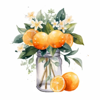 Create a watercolor oranges clipart with glass nd bouquets