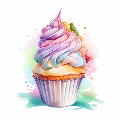 a drawing of a dessert featuring candy and whipped cream, in the style of pastel toned, shiny/glossy, colorful fantasy realism, caffenol developing, warmcore, #screenshotsaturday, rubens, white background, isolated, free brushstrokes, watercolor illustration, clipart,