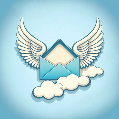 letters to heaven , clipart, cartoon, line art, envelope, wings, heart, clouds, white, revere, respectful, calm, blue background