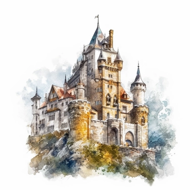 isolated images, illustrations on a white background, realistic medieval castle, Clipart, watercolor, realistic, isolated, full building, highly detailed, hdr, 32K, photo expert quality, watercolor realistic, hyperrealistic and highly detailed, isolated on a white background