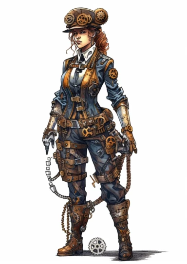 watercolor steampunk police officer in uniform decorated with some gears, highly detailed ,clipart, hd, on white background, spaced out
