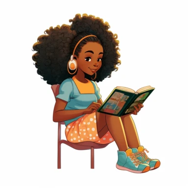 a little black girl reading, retro clothes, laughing, sittting down, disney clipart