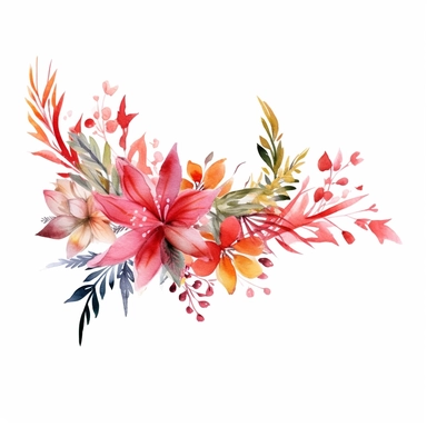 watercolor christmas flower border, clipart isolated on clear white background, bright colors, boho, lithograph, 32k uhd, textural