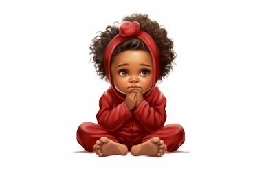 Watercolor happy cute beautiful brown skin african American baby girl praying wearing baby red and white christmas pajamas, christmas tree in the background, detailed clipart, isolated, spaced out--q 2