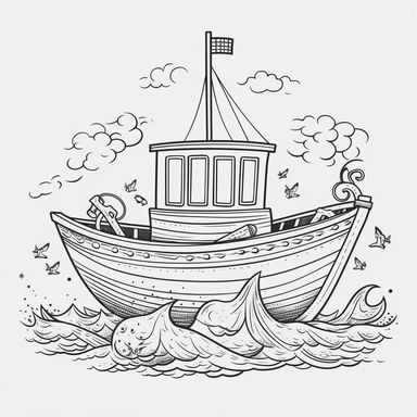 coloring page for kids of boat in ocean, white neutral background, clean line art, low details , 1,5px thick black lines, clipart