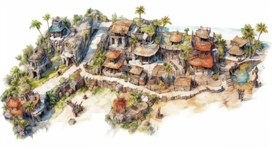isolated images, illustrations on a white background, realistic top down overhead view caveman village map, Clipart, watercolor, realistic, isolated, full building, highly detailed, hdr, 32K, photo expert quality, watercolor realistic, hyperrealistic and highly detailed, isolated on a white background