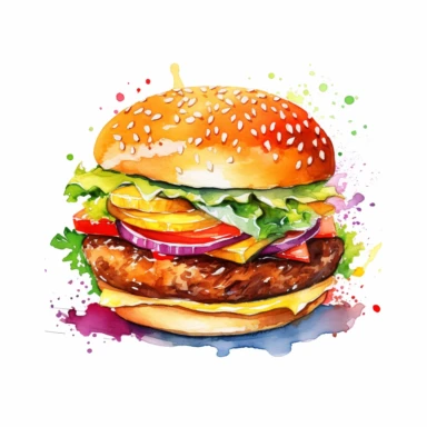 a single clipart image png graphic of a Realistic Vibrant Painting Watercolor Clipart Cute Burger Lunch PNG Illustration