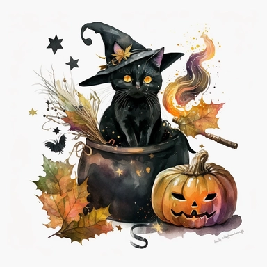 Watercolor black witch cat Halloween clipart, pumpkin, autumn season, Watercolor Sublimation design, white background