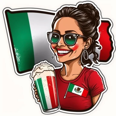 Pretty smiling Hispanic young woman with a t - shirth with the mexican flag, margarita drink, hair in a messy bun and sunglasses realistic cartoon style clipart sticker