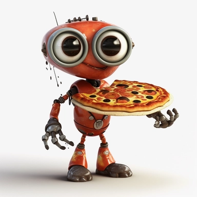 please create pixar style character clipart of happy robot eating pizza