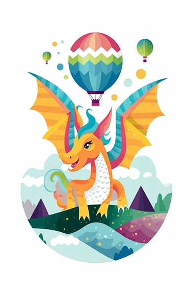 Folk art, scandinavian design, flying dragon, fairy tale, 2D illustration, Colorful, light colored, white background, babycore, rainbow, Vector, Svg, Clip Art, Flat design,