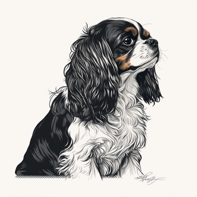 cavalier King Charles spaniel vector illustration, black and white, clipart style, simple clean bold lines, cartoonistic style, white background
